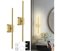 Rechargeable Wall Sconce Lights, Wireless USB Battery Operated Wall Lights 3 Color Temperature, 360°Rotation, Dimmable Wireless with Remote Control 70CM for Living Room, Bedroom Hallway(2 Pack Gold)