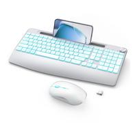 Rechargeable Wireless Keyboard and Mouse Combo - Full-Sized Keyboard with 7-Colors, Wrist Rest, Phone Holder, Volume Knob, 2.4GHz for Computer, Laptop, PC, Mac, Windows - Silver
