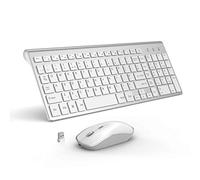 Rechargeable Wireless Keyboard and Mouse, J JOYACCESS Full Size Ultra Thin Wireless Keyboard, 2400 DPI Quiet Mouse, for Computer, Smart TV, Laptop,(QWERTY UK Layout) - Silver + White