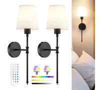 Rechargeable Wireless Wall Sconce Lights Set of 2, Black Battery Operated Wall Lights with Soft Fabric Shade and Remote, Dimmable Rechargeable Magnetic Bulbs, 56cm Tall Wireless Wall Lights Indoor