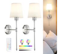 Rechargeable Wireless Wall Sconce Lights Set of 2, Brushed Nickel Battery Operated Wall Lights with Soft Fabric Shade and Remote, Dimmable Rechargeable Magnetic Bulbs, 56cm Tall Wall Lights Indoor
