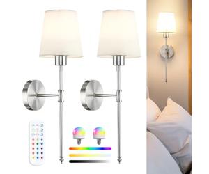 Rechargeable Wireless Wall Sconce Lights Set of 2, Brushed Nickel Battery Operated Wall Lights with Soft Fabric Shade and Remote, Dimmable Rechargeable Magnetic Bulbs, 56cm Tall Wall Lights Indoor