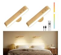 Rechargeable Wood Battery Wall Sconces Set of Two,LED Wall Lights for Bedroom with Remote Control and Touch,360° Magnetic Rotation,3 Colors Dimmable Brightness Wall Lamps with 15 RGB Colors,2 Pack