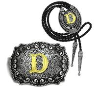 RechicGu 2 Pieces Western Cowboy Belt Buckle Bolo Tie Set Golden Initial Letter ABCJ to Z Rodeo Belt Buckles for Women Men