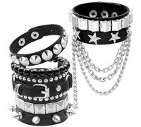 RechicGu 6 Pcs Emo Punk Rock Spiked Studded Bracelets Set for Women Men Goth Punk Grunge Accessories Adjustable PU Leather Cuff Bracelets Retro Beaded Y2K Star Chain Wristband for Alt Gothic Outfits