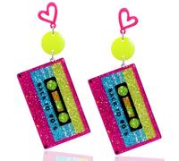 RechicGu 80s 90s Neon Heart Hoop Earrings for Glow Party, 70s Retro Outfit Jewelry Accessories Gift for Women,Acrylic Round Drop Dangle Earring for Halloween Costume Rose Red Green Yellow, Acrylic, No
