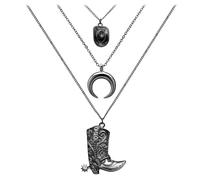 RechicGu Layered Boho Western Cowgirl Necklace For Women Bull Head Moon Crescent Cowboy Boot Charm Pendant Western Necklace Jewelry For Country Concert Outfits, Zinc, No Gemstone