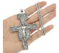 RechicGu Vintage Saint St Francis of Assisi 3.3in Tau San Damiano Cross Necklace Catholic Crucifix Gift, Metal