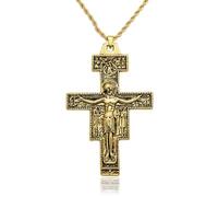RechicGu Vintage Saint St Francis of Assisi 3.3in Tau San Damiano Cross Necklace Catholic Crucifix Gift, Zinc, No Gemstone