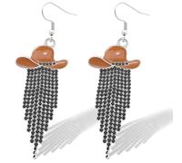 RechicGu Western Cowgirl Enamel Hat Sparkly Rhinestone Tassel Dangle Earrings Prom Country Concerts Rodeo Cowboy Outfits Jewelry Gift for Women, Zinc, No Gemstone