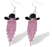 RechicGu Western Cowgirl Enamel Hat Sparkly Rhinestone Tassel Dangle Earrings Prom Country Concerts Rodeo Cowboy Outfits Jewelry Gift for Women, Zinc, No Gemstone