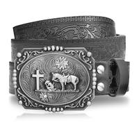 RechicGu Western Leather Belt for Men Women, Cowboy Floral Engraved Leather Belt With Cross Prayer Horse Buckle, 1.5" Wide, Silver Cross Prayer,black, M,fit waist 36-40 inches