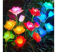 RECHOO Solar Garden Lights Outdoor Decorative, 3 Pack Solar Flower Lights with 15 Rose Flowers, Multi-Color Changing LED Waterproof Garden Decor for Landscape Pathway, Valentine's Day Gifts for Women