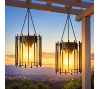 RECHOO Solar Lights for Outdoor Hanging, Pack of 2 Solar Lanterns for Outdoor Use with Large LED Bulb, IP65 Waterproof Metal Solar Lights for Outdoor Use with Hook and Chain for Balcony Garden