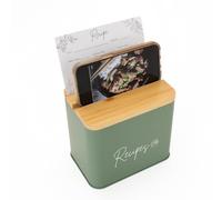 Recipe Box With Cards And Dividers | Sage Green Recipe Cards And Box Set | Recipe Card Box Set w/ 12 Dividers & 30 Blank 4 x 6" Recipe Cards | Stylish Tin Recipe Organizer with Wooden Lid
