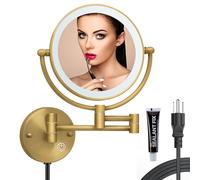 RECKODOR 8" Brass Wall Mount Makeup Mirror with Lights, 1X and 5X Double Sided Personal Mirrors for Bathroom with 360° Swivel Extendable, Antique Brass Indoor Arts Ware, Plug Powered