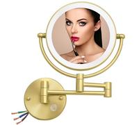 RECKODOR 8'' Lighted Makeup Mirror Wall Mounted Gold, Round Double Sided 1/5X Magnifying Vanity Light, 360 Swivel Cosmetic Bathroom, Touch Dimmable, Brass Brushed Hardwired (RECK06-M-HW)