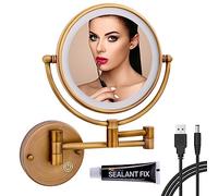 RECKODOR Brass Extending Bathroom Mirror with LED, Adjustable Light, Double Sided 5X Magnifying Round Mirror, 360 Rotation, Rechargeable