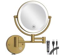 RECKODOR Wall Mounted Lighted Makeup Mirror with Magnification 5X, Rechargeable Bathroom Magnifying Shaving Cosmetic Mirror with Extension Swing Arm, Touch Stepless Dimming, Brushed Moderne Brass