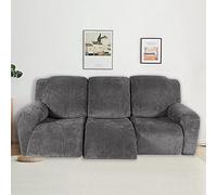 Recliner Sofa Chair Covers, Velvet Stretch Reclining Couch Covers for 1/2/3 Seat Sofa Slipcovers Furniture Covers Thick Soft Washable with Pocket for Reclining Sofa (Grey, 3 Seaters)