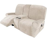 Recliner Sofa Covers with Cup Holder, 8/10 Piece Stretch Velvet Loveseat Reclining Couch Slipcovers for Sectional Recliner Furniture Protector (Color : Beige, Size : 2 Seater(8 pcs))