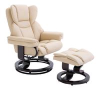 Reclining Swivel Armchair Footstool Set Sofa Padded PU Leather Relaxing Manual Duo Metal Frame Bentwood Base Cream