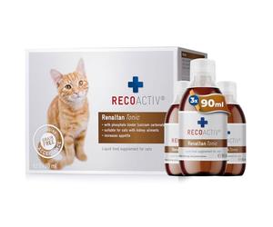 RECOACTIV Renaltan Tonic for cats, 3 x 90 ml, dietary supplement with phosphate binder to reduce the phosphate content of food for animals with renal insufficiency or CRI