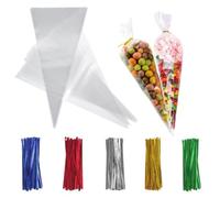 Recon Up 13×25cm Crystal Clean sweet cone bags 100Pcs cellophane bags with Coloured twist ties, Triangle Transparent for Halloween Christmas Party Snacks, Chocolates, Candy