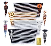 Recon Up 13×25cm Halloween Sweet Bags, 100Pcs With Golden Twist Ties, Triangle Printed Cones for Gifts, Party Candy Bags (Mix Prints)