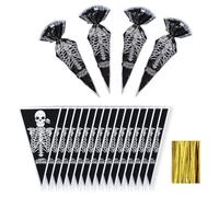 RECON UP 13×25cm Halloween Triangle Skeleton Print Candy Bags, 100Pcs with Golden Twist Ties