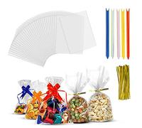 Recon Up (8x12 inch) Pack of 60 Cellophane Bags, Cookie Bags With Colorful Pull Bows & Ties, Clear Gift Bags For Food Storage, Flat Sweet Bags For Gifts On Special Occasion