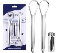 RECON UP Pack of 2 Spoon Shape Tongue Scraper for Adults 100% Stainless Steel with Dental Floss, Tongue Cleaner Fresh Breath Care Scraper, Tounge Scraper Bacteria Inhibiting, Tongue Cleaning Tool
