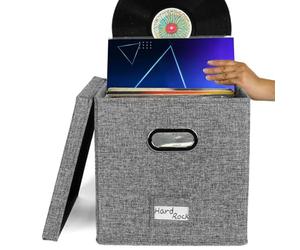 Record Box With Lid - Vinyl Record Storage Box | Stackable Album Store Records Holder | Portable Album Store, Office Storage Supplies With Clear Label Pouch, Lids For Records Lovers