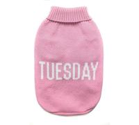 Record - Dog Sweater Everyday Soft High Neck Sweater with Elasticated Waistband, Embroidered 'Tuesday' |Pink, M - Back Length 40cm