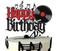 Record Happy Birthday Cake Topper Black Red Glitter Vinyl Record Retro Rock and Roll Music Cake Decor CD Record Hip Hop Dancing Ball Music Theme Birthday Party Supplies