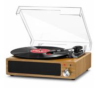 Record Player, FYDEE Vinyl Record Player with Built-in Speakers, Turntable for Vinyl Records, Belt-Drive 3-Speed (33/45/78 RPM) LP Vinyl Player, Supports Headphone Jack, AUX IN, RCA - Natural Wood