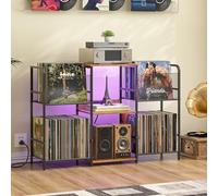 Record Player Stand with Power Outlets and LED Light, Turntable Stand Storage Up to 350+ Albums, Record Player Stand with Vinyl Storage, Tuntable Stand with Record Holder for Living Room