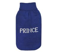 Record - Royal Prince Dog Sweater with High Neck and PRINCE Lettering in Metallic Threads, Leash Hole and Machine Washable | Blue, Back Length 50cm