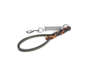 Record - Three Strand Handle - Leather Lead with Spring and Steel Snap Hook - Size S - Length 50 cm - Black and Beige - Ideal for Large Dogs