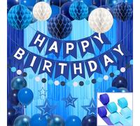 Recosis Birthday Decorations, Navy Blue Crepe Paper Streamers Happy Birthday Banner Honeycomb Ball Stars Hanging Swirl for Women Men Boys Girls Party Decorations