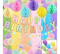 Recosis Birthday Decorations, Pastel Crepe Paper Streamers Happy Birthday Banner Honeycomb Ball Stars Hanging Swirl for Women Men Boys Girls Party Decorations