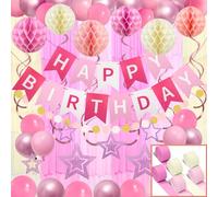 Recosis Birthday Decorations, Pink Crepe Paper Streamers Happy Birthday Banner Honeycomb Ball Stars Hanging Swirl for Women Men Boys Girls Party Decorations