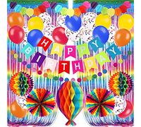 Recosis Colourful Birthday Decorations, Happy Birthday Banner Rainbow Foil Fringe Curtain Fiesta Hanging Paper Fans Pompoms Paper Hot air Balloon Confetti Balloons Birthday Party Decorations