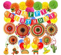 Recosis Fiesta Birthday Decorations, Mexican Themed Happy Birthday Banner Paper Pompoms Mexico Fans Fiesta Decorations Balloons Birthday Party Decorations
