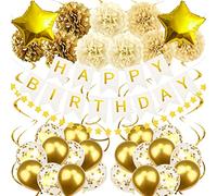 Recosis Gold Birthday Party Decorations, Happy Birthday Banner Paper Pompoms Confetti Balloons Garland for Boys Gilrs Women Men 6th 18th 21th 30th 40th 50th 60th 70th Birthday Decorations