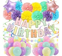 Recosis Pastel Birthday Decorations, Multicolored Happy Birthday Banner with Paper Pompoms Party Balloons for Boys Girls Women Party Decorations Supplies