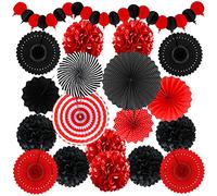 Recosis Red and Black Party Decorations, Papar Fans Pompoms Fans Garlands for Birthday Wedding Graduation Game Night Boy Girl Party Decorations