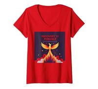 Recovery is Possible Phoenix Rising Inspirational V-Neck T-Shirt, Women, Red, L