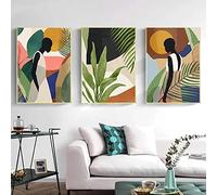 Recrtain Abstract African American Wall Art Canvas Painting Black Woman and Green Plant Wall Art Pictures Set of 3 Nordic Posters and Prints Pictures Wall for Living Room Decoration Unframed