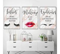Recrtain Makeup Canvas Wall Art Eyelash Eyebrow Lips Pictures Wall Decor Beauty Salon Wall Art Fashion Poster, Nordic Wall Picture for Women Girl Room Decoration Unframed